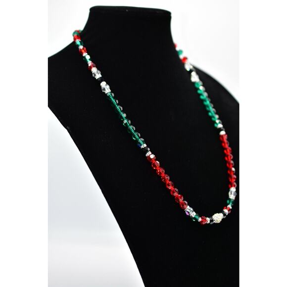 Vintage Christmas Crystal Beaded Necklace Glass Red Green Silver Holiday BinG - Picture 6 of 12